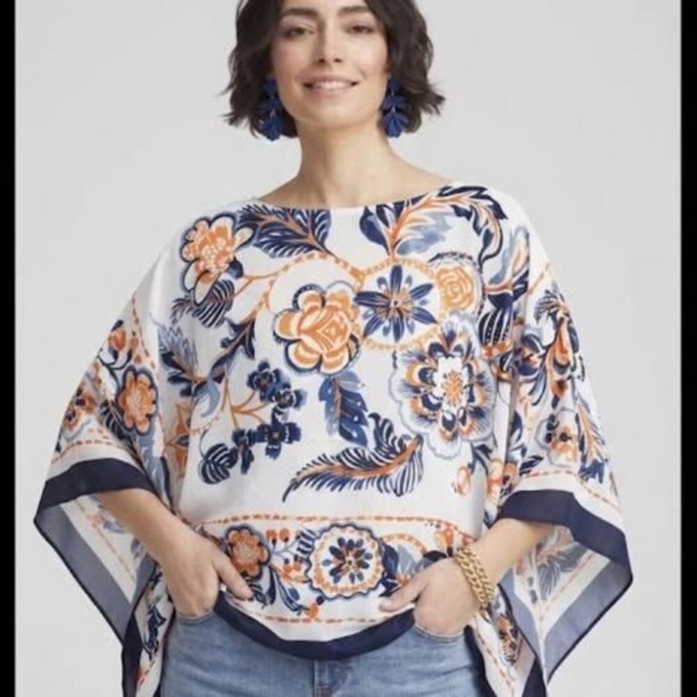 New Chico's S/M Framed Floral Mid Poncho